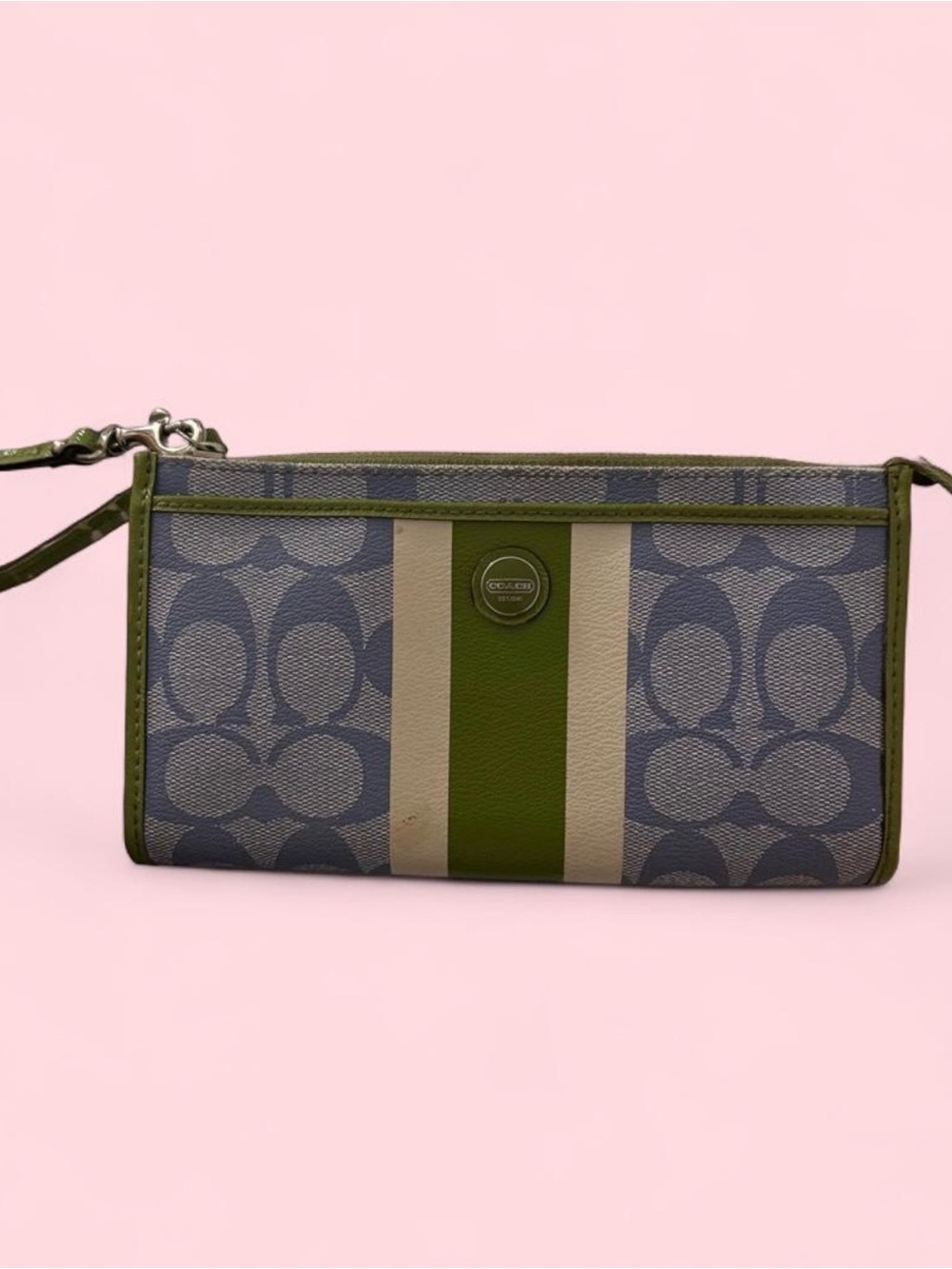 Coach Signature Stripe Wristlet in Green and Gray Blue